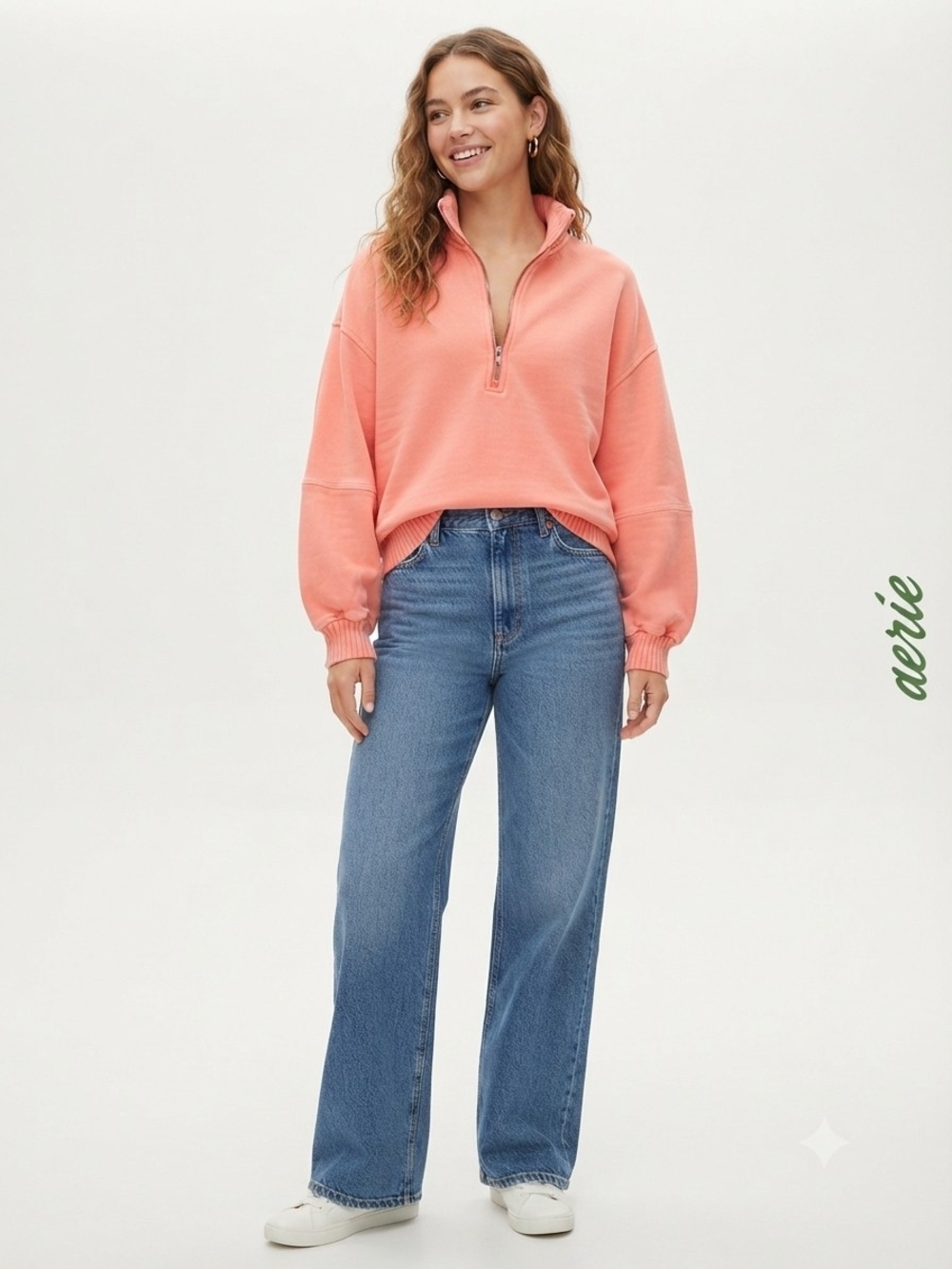 Aerie Vintage-Washed Coral Half-Zip Sweatshirt | Size S/P | Coral